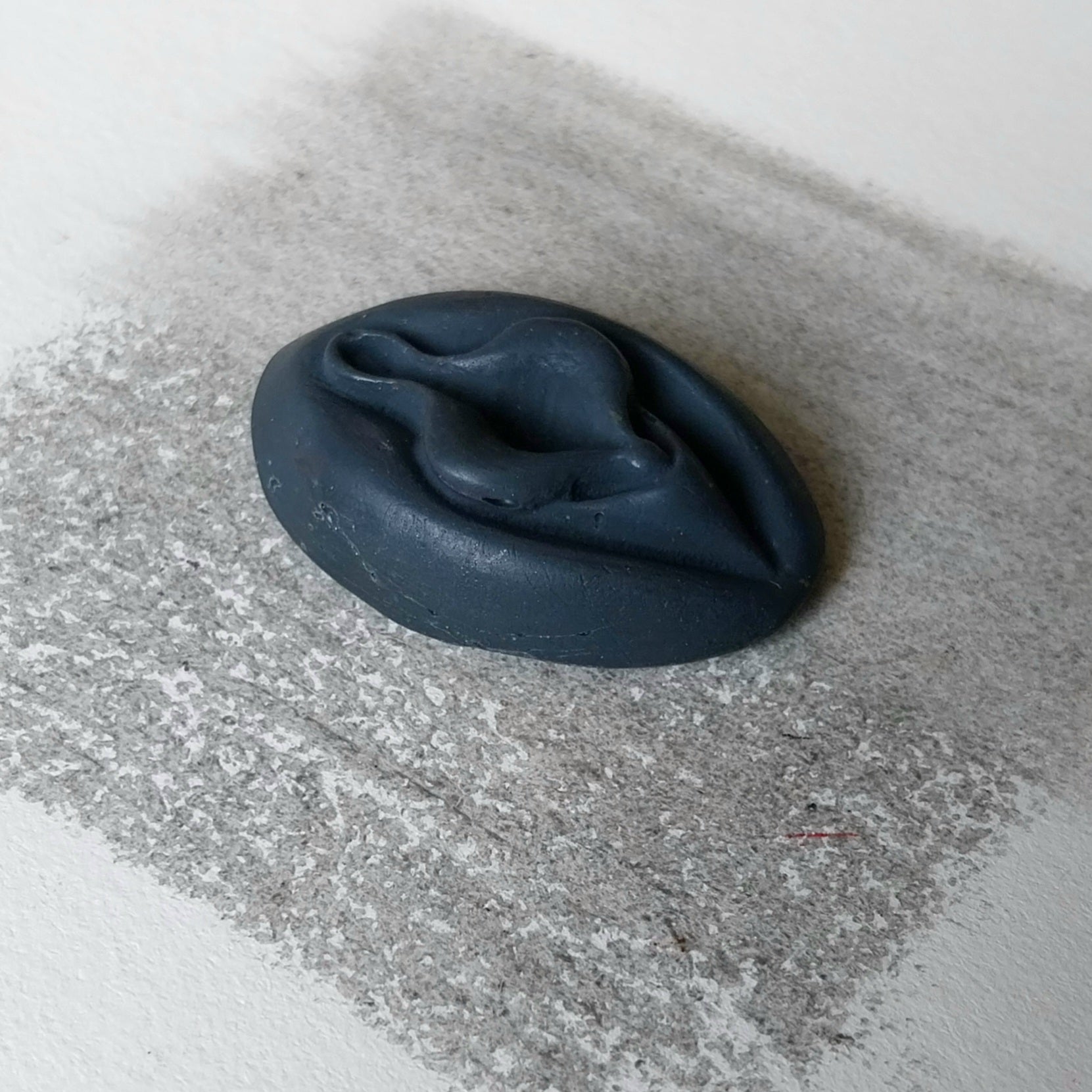 Crayon de subversion VULVA NATURALIS souris, vue de profil. Crayon de cire, pastel gras. Dépose de couleur sur une feuille puis estompe au doigt