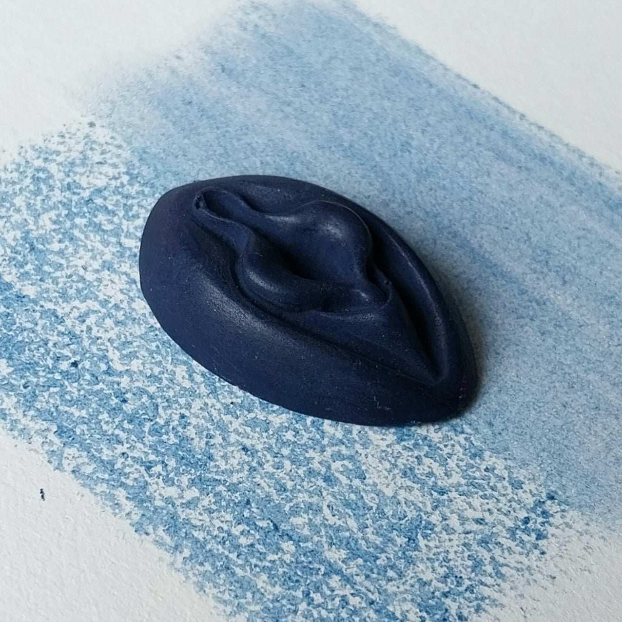 Crayon de subversion VULVA NATURALIS marine, vue de profil. Crayon de cire, pastel gras. Dépose de couleur sur une feuille puis estompe au doigt